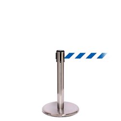 QueuePro 300 Mini, Satin Chrome, Barrier with 16' Blue/White Diagonal Belt