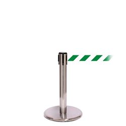 QueuePro 300 Mini, Satin Chrome, Barrier with 16' Green/White Diagonal Belt