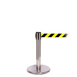 QueuePro 300 Mini, Satin Chrome, Barrier with 16' Yellow/Black Diagonal Belt