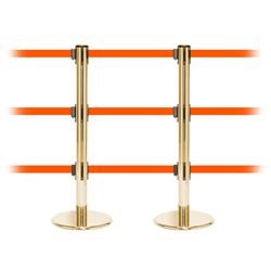 QueuePro 250 Triple, Polished Brass, Barrier with triple 11' Fluorescent Orange Belt