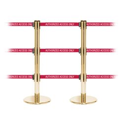 QueuePro 250 Triple, Polished Brass, Barrier with triple 11' AUTHORIZED ACCESS ONLY - RED Belt