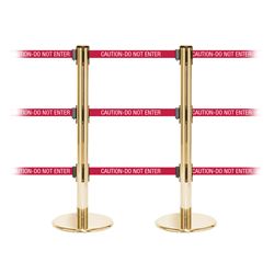 QueuePro 250 Triple, Polished Brass, Barrier with triple 11' CAUTION-DO NOT ENTER - RED Belt