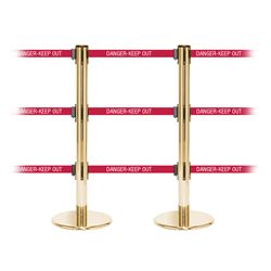 QueuePro 250 Triple, Polished Brass, Barrier with triple 11' DANGER-KEEP OUT - RED Belt