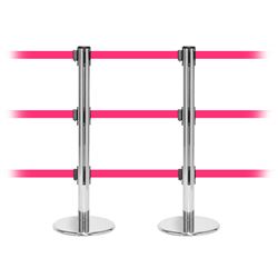 QueuePro 250 Triple, Polished Chrome, Barrier with triple 11' Fluorescent Pink Belt