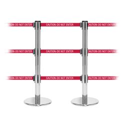QueuePro 250 Triple, Polished Chrome, Barrier with triple 11' CAUTION-DO NOT ENTER - RED Belt