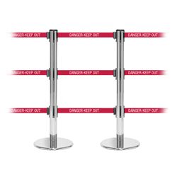 QueuePro 250 Triple, Polished Chrome, Barrier with triple 11' DANGER-KEEP OUT - RED Belt