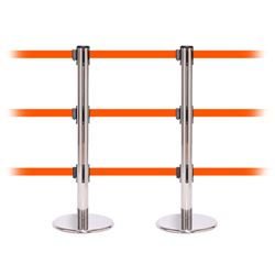 QueuePro 250 Triple, Polished Stainless, Barrier with triple 11' Fluorescent Orange Belt