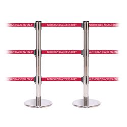 QueuePro 250 Triple, Polished Stainless, Barrier with triple 11' AUTHORIZED ACCESS ONLY - RED Belt