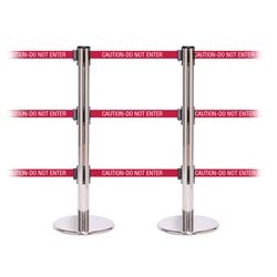 QueuePro 250 Triple, Polished Stainless, Barrier with triple 11' CAUTION-DO NOT ENTER - RED Belt
