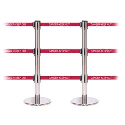 QueuePro 250 Triple, Polished Stainless, Barrier with triple 11' DANGER-KEEP OUT - RED Belt