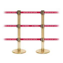 QueuePro 250 Triple, Satin Brass, Barrier with triple 11' CAUTION-DO NOT ENTER - RED Belt