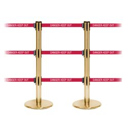 QueuePro 250 Triple, Satin Brass, Barrier with triple 11' DANGER-KEEP OUT - RED Belt
