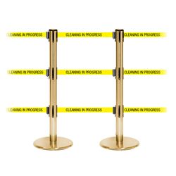 QueuePro 250 Triple, Satin Brass, Barrier with triple 11' CLEANING IN PROGRESS Belt