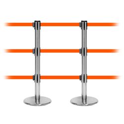 QueuePro 250 Triple, Satin Chrome, Barrier with triple 11' Fluorescent Orange Belt