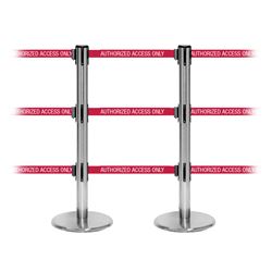 QueuePro 250 Triple, Satin Chrome, Barrier with triple 11' AUTHORIZED ACCESS ONLY - RED Belt
