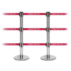 QueuePro 250 Triple, Satin Chrome, Barrier with triple 11' DANGER-KEEP OUT - RED Belt