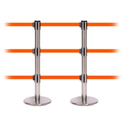 QueuePro 250 Triple, Satin Stainless, Barrier with triple 11' Fluorescent Orange Belt