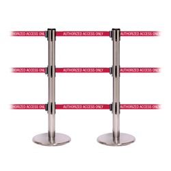 QueuePro 250 Triple, Satin Stainless, Barrier with triple 11' AUTHORIZED ACCESS ONLY - RED Belt