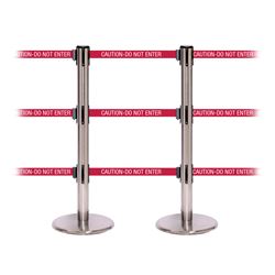 QueuePro 250 Triple, Satin Stainless, Barrier with triple 11' CAUTION-DO NOT ENTER - RED Belt