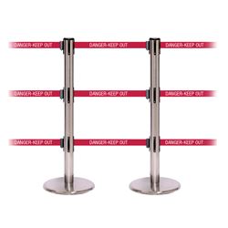 QueuePro 250 Triple, Satin Stainless, Barrier with triple 11' DANGER-KEEP OUT - RED Belt