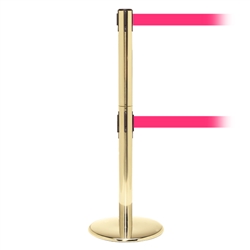 QueuePro 250 Twin, Polished Brass, Barrier with double 11' Fluorescent Pink Belt