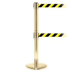 QueuePro 250 Twin, Polished Brass, Barrier with double 11' Yellow/Black Diagonal Belt