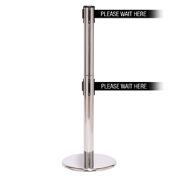 QueuePro 250 Twin, Polished Chrome, Barrier with double 11' PLEASE WAIT HERE Belt