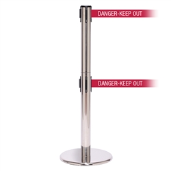 QueuePro 250 Twin, Polished Chrome, Barrier with double 11' DANGER-KEEP OUT - RED Belt