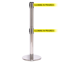 QueuePro 250 Twin, Polished Chrome, Barrier with double 11' CLEANING IN PROGRESS Belt