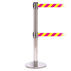 QueuePro 250 Twin, Polished Chrome, Barrier with double 11' Magenta/Yellow Diagonal Belt