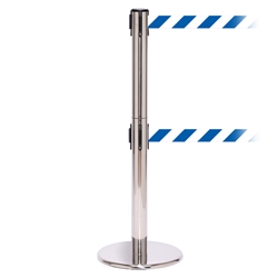 QueuePro 250 Twin, Polished Stainless, Barrier with double 11' Blue/White Diagonal Belt
