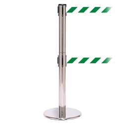 QueuePro 250 Twin, Polished Stainless, Barrier with double 11' Green/White Diagonal Belt