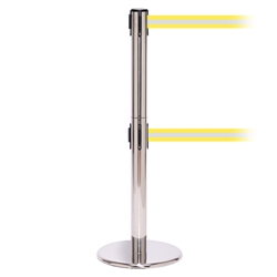 QueuePro 250 Twin, Polished Stainless, Barrier with double 11' Yellow/Reflective Stripe Belt