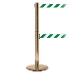 QueuePro 250 Twin, Satin Brass, Barrier with double 11' Green/White Diagonal Belt