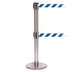 QueuePro 250 Twin, Satin Chrome, Barrier with double 11' Blue/White Diagonal Belt