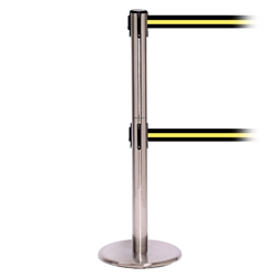 QueuePro 250 Twin, Satin Chrome, Barrier with double 11' Black/Yellow Stripe Belt