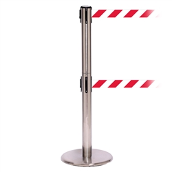 QueuePro 250 Twin, Satin Chrome, Barrier with double 11' Red/White Diagonal Belt