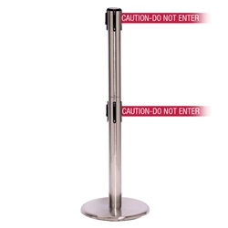 QueuePro 250 Twin, Satin Chrome, Barrier with double 11' CAUTION-DO NOT ENTER - RED Belt