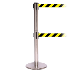 QueuePro 250 Twin, Satin Chrome, Barrier with double 11' Yellow/Black Diagonal Belt
