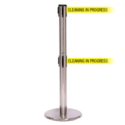 QueuePro 250 Twin, Satin Chrome, Barrier with double 11' CLEANING IN PROGRESS Belt