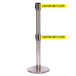 QueuePro 250 Twin, Satin Chrome, Barrier with double 11' CAUTION-WET FLOOR Belt