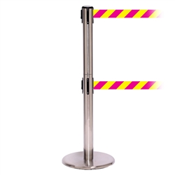 QueuePro 250 Twin, Satin Chrome, Barrier with double 11' Magenta/Yellow Diagonal Belt