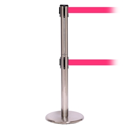 QueuePro 250 Twin, Satin Stainless, Barrier with double 11' Fluorescent Pink Belt