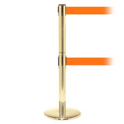 QueuePro 250 Twin Xtra, Polished Brass, Barrier with double 3" wide 11' Orange Belt