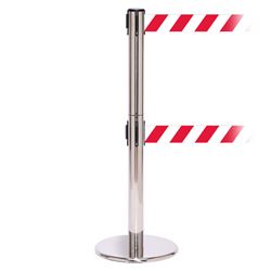 QueuePro 250 Twin Xtra, Polished Chrome, Barrier with double 3" wide 11' Red/White Diagonal Belt