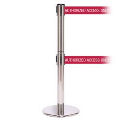 QueuePro 250 Twin Xtra, Polished Chrome, Barrier with double 3" wide 11' AUTHORIZED ACCESS ONLY - RED Belt