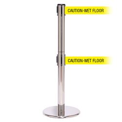 QueuePro 250 Twin Xtra, Polished Chrome, Barrier with double 3" wide 11' CAUTION-WET FLOOR Belt