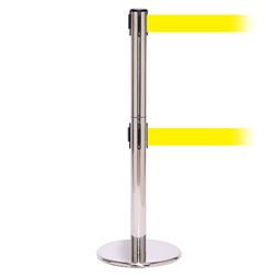 QueuePro 250 Twin Xtra, Polished Chrome, Barrier with double 3" wide 11' Yellow Belt