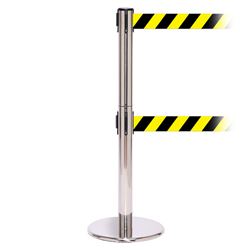 QueuePro 250 Twin Xtra, Polished Stainless, Barrier with double 3" wide 11' Yellow/Black Diagonal Belt