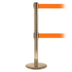 QueuePro 250 Twin Xtra, Satin Brass, Barrier with double 3" wide 11' Orange Belt